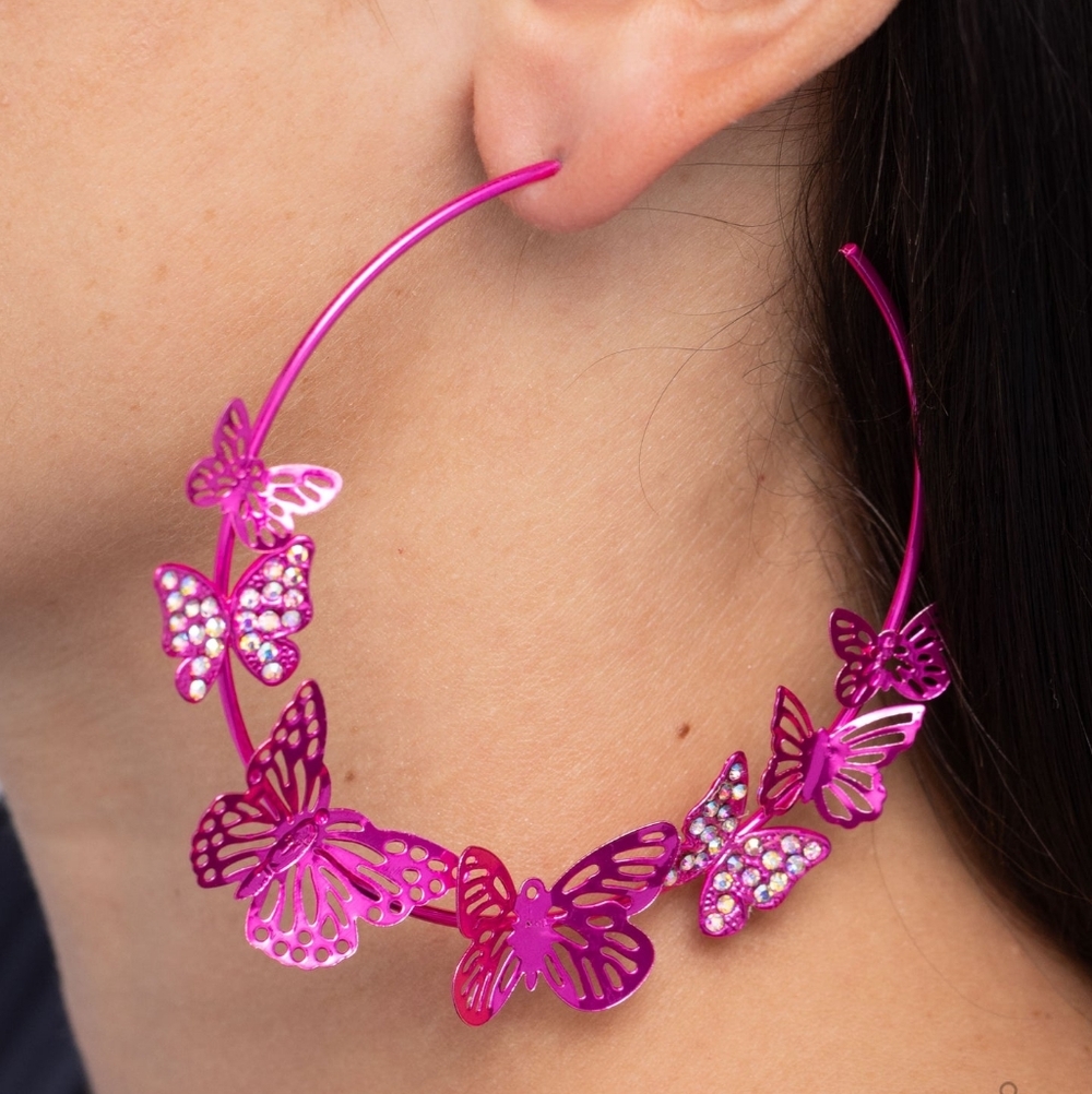 Pink Butterfly Hoop Earrings
